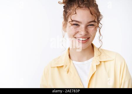 Close-up redhead pretty friendly-looking outgoing freckles girl smiling broadly laughing carefree having fun positive attitude, nice conversation chit Stock Photo