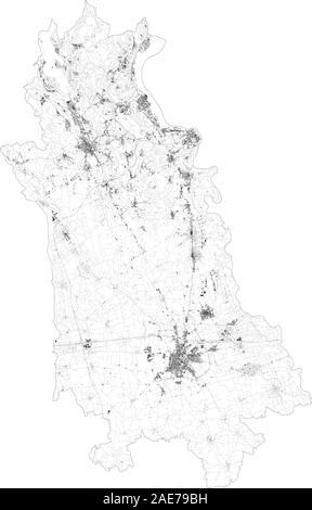 Satellite map of province of Novara, towns and roads, buildings and connecting roads of surrounding areas. Piedmont, Italy. Map roads, streets Stock Vector