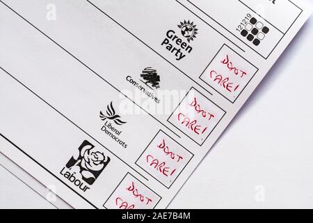 Spoiled spoilt ballot paper for forthcoming Parliamentary Election 2019 in UK - wasted vote Stock Photo