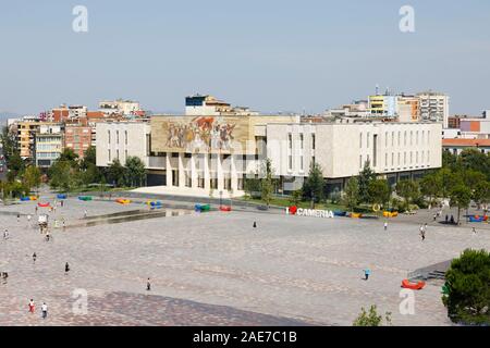 Tirana, Albania, July 8 2019: Skanderbeg Square with National Museum of History in the background in the city center of Tirana Stock Photo