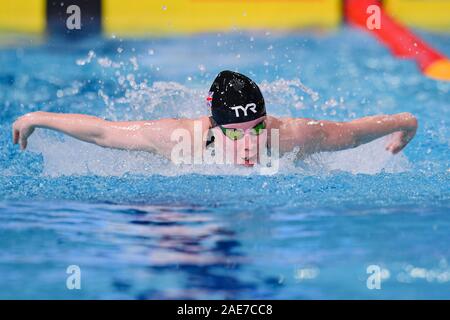 GLASGOW, UNITED KINGDOM. 07th Dec, 2019. Laura Stephens (GBR) competes in Women's 100M Butterfly Preliminary (H3/4) during day 4 of the  LEN European Short Course Swimming Championships 2019 at Tollcross International Swimming Centre on Saturday, 07 December 2019. GLASGOW SCOTLAND. Credit: Taka G Wu/Alamy Live News Stock Photo