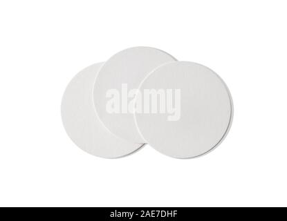 Photo of three blank beer coasters. Isolated on white background. Flat lay. Stock Photo