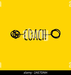 Coaching concept, psychotherapy hand drawn icon, vector sign with tangled and untangled clew, metaphor of coach Stock Vector