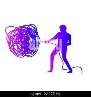 Businessman unraveling tangled tangle of problems. Business flat vector illustration. Stock Vector
