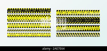 Police tape warning danger set isolated. Barricade tape, Do not cross, police crime scene line yellow official crime scene barrier tape. Vector Stock Vector