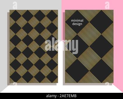 Minimal geometric set of posters, vector graphic design, gold and black gradient banner with rhombus, template for brochure Stock Vector