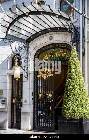 Paris/France - September 10, 2019 : the Marriott luxury hotel entrance on Champs-Elysees avenue Stock Photo