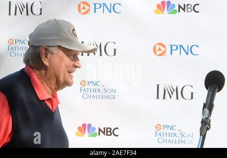 Legendary golfer Jack Nicklaus speaks to media during the 22nd annual PNC Father Son Challenge at the The Ritz-Carlton Golf Club in Orlando. Stock Photo