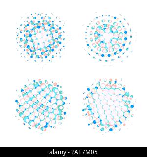 Halftone circular dotted frames set. Circle dots isolated on the white background. Logo design element for medical, treatment, cosmetic. Round border Stock Vector