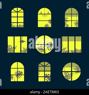Collection of windows silhouette of various designs isolated. Windows light city at night. Vector illustration of apartment blocks with windows, in Stock Vector
