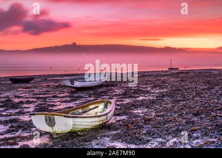 After a cold night in North Devon, the River Torridge estuary at Appledore was  bathed in mist at dawn. Stock Photo