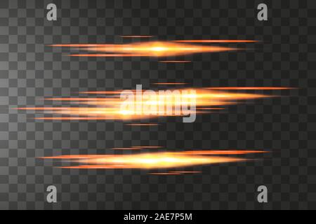 Golden horizontal lens flares pack. Laser beams, horizontal light rays.Beautiful light flares. Glowing streaks on dark background. Luminous abstract Stock Vector