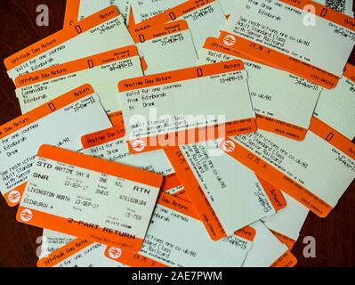 Pile of used Scotrail train senior railcard tickets for rail journeys to Edinburgh, Drem, Longniddry, Livingston, Scotland, UK Stock Photo
