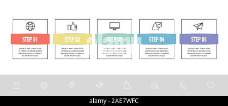 Vector infographic flat template. Rectangles for five diagrams, graph, flowchart, timeline, marketing, presentation. Business concept with 5 labels Stock Vector