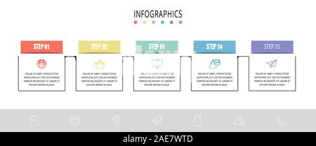 Vector infographic flat template. Rectangles for five diagrams, graph, flowchart, timeline, marketing, presentation. Business concept with 5 labels Stock Vector