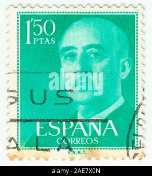 MERIDA, EXTREMADURA, SPAIN;  DIC, 01, 2.018 - Stamp showing a portrait of General Francisco Franco 1892-1975. CIRCA 1949 Stock Photo