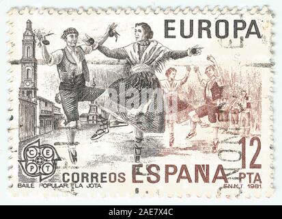 MERIDA, EXTREMADURA, SPAIN. DIC, 01, 2.108 - A stamp shows the spanish dance of Aragon La Jota. CIRCA: 1.981 Stock Photo