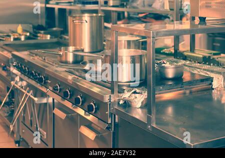 Typical kitchen of a restaurant, toned image Stock Photo