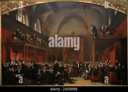 Carolina de Brunswick-Wolfenbuttel (1768-1821), reina consorte del rey Jorge IV del Reino Unido. El juicio contra la reina Carolina, en la Cámara de los Lores del Parlamento Británico, 1820, por adulterio. Oleo sobre lienzo, 1823. Por Sir George Hayter (1792-1871). National Portrait Gallery. Londres. Inglaterra. Stock Photo