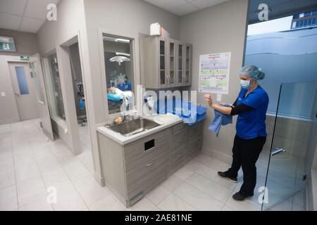 A veterinary surgeon goes through a thorough pre-surgery practice of scrubbing and then gowing up for surgery. Stock Photo