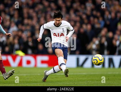 Tottenham Hotspur Stadium, London, UK.  7th Dec, 2019. English Premier League Football, Tottenham Hotspur versus Burnley; Son Heung-Min of Tottenham Hotspur shoots to score his sides 3rd goal in the 32nd minute to make it 3-0 - Strictly Editorial Use Only. No use with unauthorized audio, video, data, fixture lists, club/league logos or 'live' services. Online in-match use limited to 120 images, no video emulation. No use in betting, games or single club/league/player publications Credit: Action Plus Sports/Alamy Live News Stock Photo
