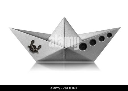 White paper boat with anchor and portholes isolated on white background with reflections, photography Stock Photo