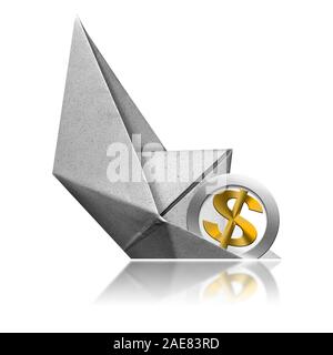 Dollar sign, 3D illustration, sinking aboard of a paper boat, photography, isolated on white background. Recession concept Stock Photo