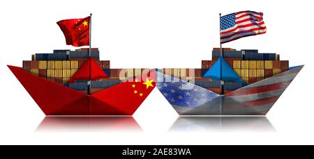 USA and China trade war concept. Collision of two cargo container ships with the Chinese and United states of America flag. Isolated on white Stock Photo