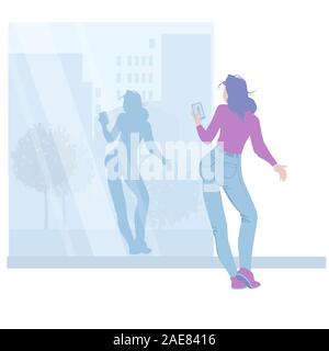 Young slender girl makes reflection selfies in a showcase against the backdrop of a city street. Cartoon Character Flat Design Vector Illustration Stock Vector