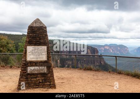 Obelisk erected to the memory of William Romaine Govett, discoverer of Govetts Leap in 1831 in Blue Mountains National Park, Australia. Stock Photo