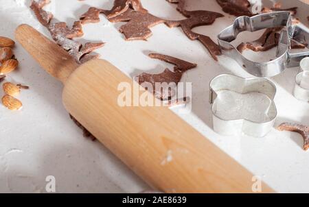 Christmas gingerbread cookie cutters. Cookie cuters Christmas gingerbread preparation. Stock Photo