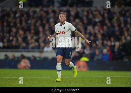 London, UK. 7th December 2019. Toby Alderweireld of Tottenham Hotspur during the Tottenham Hotspur vs Burnley Premier League Football match at the Tottenham Hotspur Stadium on 7th December 2019-EDITORIAL USE ONLY No use with unauthorised audio, video, data, fixture lists (outside the EU), club/league logos or 'live' services. Online in-match use limited to 45 images (+15 in extra time). No use to emulate moving images. No use in betting, games or single club/league/player publications/services- Credit: Martin Dalton/Alamy Live News Stock Photo