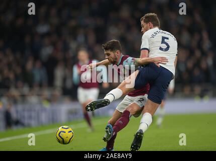 London, UK. 7th December 2019. Jan Vertonghen of Tottenham Hotspur and Robbie Brady of Burnley during the Tottenham Hotspur vs Burnley Premier League Football match at the Tottenham Hotspur Stadium on 7th December 2019-EDITORIAL USE ONLY No use with unauthorised audio, video, data, fixture lists (outside the EU), club/league logos or 'live' services. Online in-match use limited to 45 images (+15 in extra time). No use to emulate moving images. No use in betting, games or single club/league/player publications/services- Credit: Martin Dalton/Alamy Live News Stock Photo