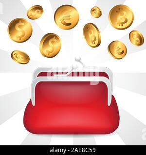 Red open wallet and gold coins on isolated background. Vector image Stock Vector