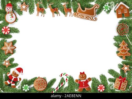 christmas frame with pine branches and gingerbreads Stock Vector