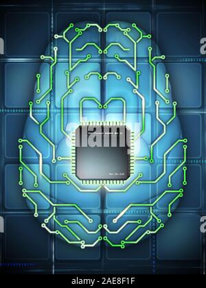 Microprocessor and printed circuit board as elements of an electronic brain. Digital illustration. Stock Photo