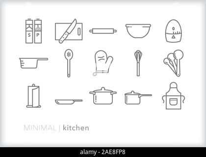 Set of kitchen line icons for food prep, cooking and baking at home or in a restaurant Stock Vector