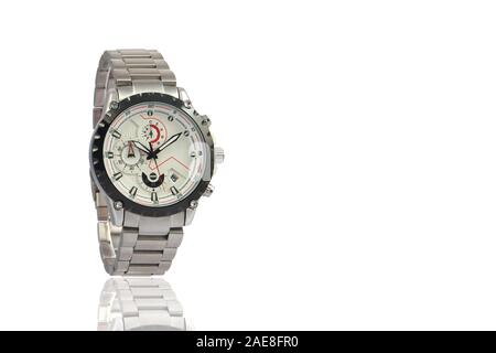Men's wrist metal watch on white background Stock Photo