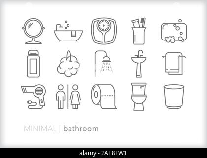 Set of bathroom line icons for cleaning, daily routine, hygiene and relaxing Stock Vector