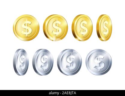 Rotation metallic gold and silver coin template. Golden and Silver dollar icon. Business symbol of money. Vector illustration isolated on white backgr Stock Vector