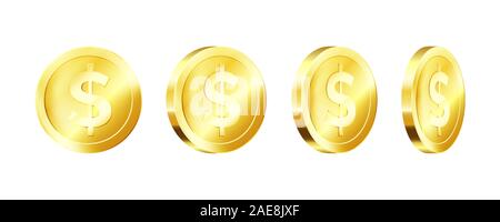 Metallic gold coin template. Rotation golden dollar icon. Vector illustration Stock Vector