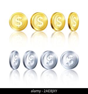 Rotation metallic gold and silver coin template. Golden and Silver dollar icon. Business symbol of money. Vector illustration Stock Vector