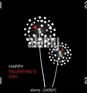 Couple of dandelion with red hearts. Happy Valentine day greeting card on black background. White blowball with red heart symbol of love. Vector Stock Vector