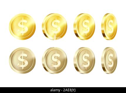 Rotation metallic gold coin template. Golden dollar icon. Business symbol of money. Vector illustration Stock Vector