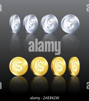 Rotation metallic gold and silver coin template with reflection. Golden and Silver dollar icon. Business symbol of money. Vector illustration Stock Vector