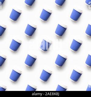 Seamless pattern of classic blue coffee takeaway paper cups on white background. Flat lay. Top view. Stock Photo