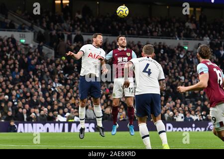 LONDON, ENGLAND - DECEMBER 7TH Jan Vertonghen of Tottenham contests a header with Robbie Brady of Burnley during the Premier League match between Tottenham Hotspur and Burnley at White Hart Lane, London on Saturday 7th December 2019. (Credit: Ivan Yordanov | MI News ) Photograph may only be used for newspaper and/or magazine editorial purposes, license required for commercial use Credit: MI News & Sport /Alamy Live News Stock Photo