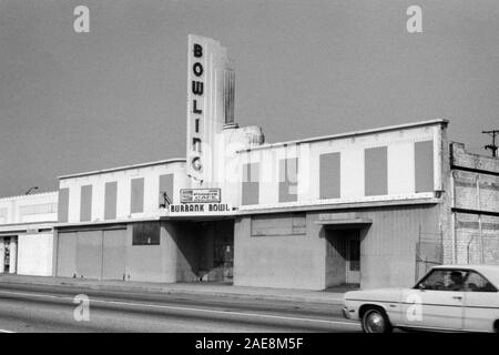 Burbank, California, USA - 1985:  Archival black and white editorial view of the art deco Burbank Bowl Bowling Alley.  Building was torn down. Stock Photo