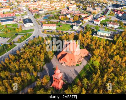 Aerial summer sunny view of Kiruna, the northernmost town in Sweden, province of Lapland, Norrbotten County, picture shot from drone Stock Photo