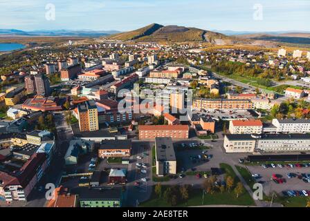 Aerial summer sunny view of Kiruna, the northernmost town in Sweden, province of Lapland, Norrbotten County, picture shot from drone Stock Photo